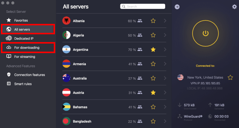 CyberGhost servers for downloading