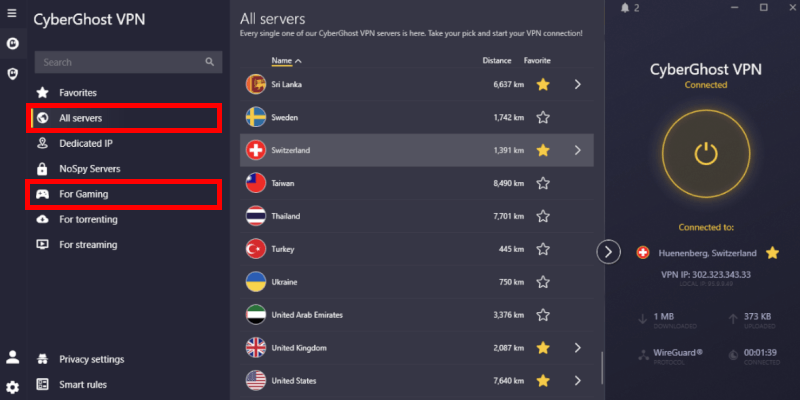 CyberGhost's For Gaming servers