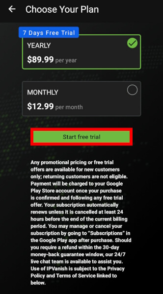 IPVanish mobile trial choose plan