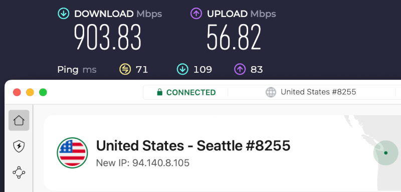 NordVPN Seattle speed test results
