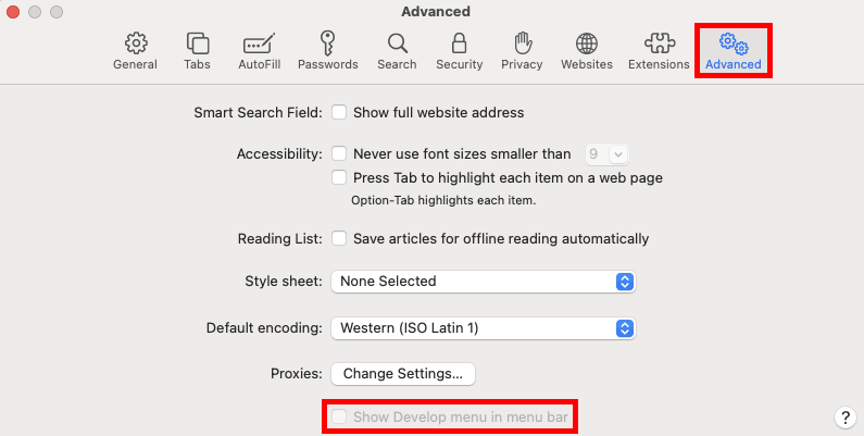 Safari Show Develop menu