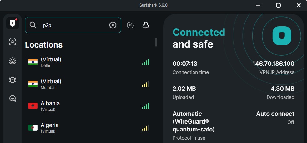 Screenshot of Surfshark VPN P2P servers