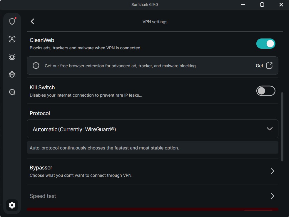Screenshot of Surfshark VPN's CleanWeb toggle