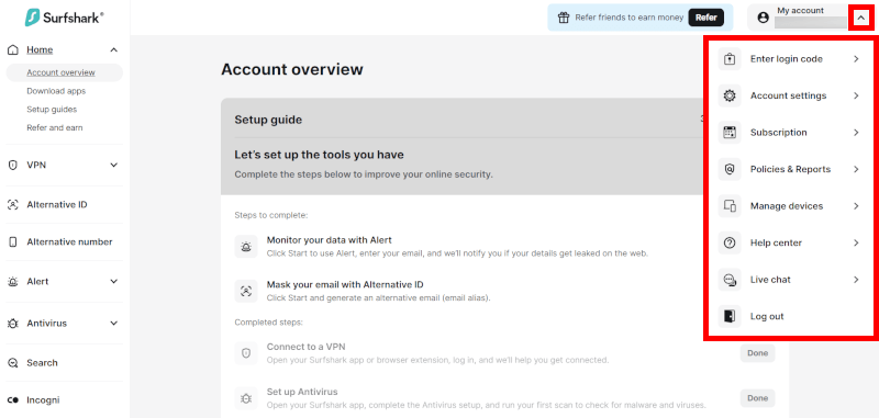 Surfshark account overview UI