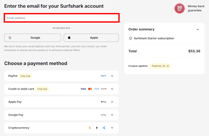 Surfshark enter your email and payment details