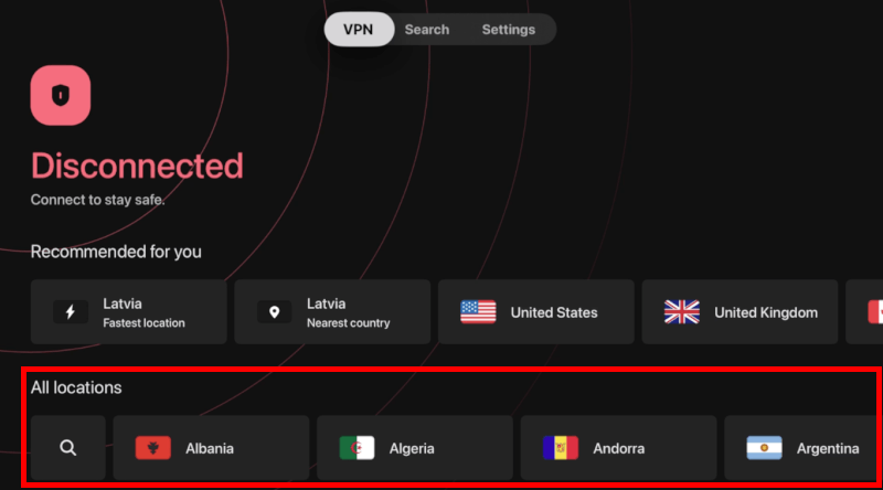 Surfshark for Apple TV swap your server location