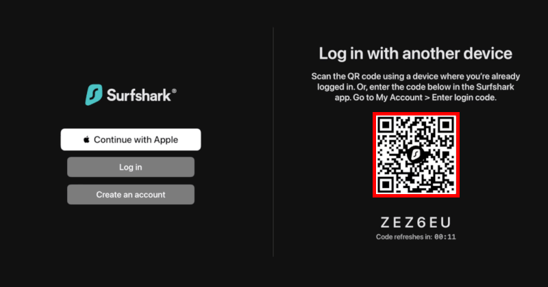 Surfshark scan the on-screen QR code to log in