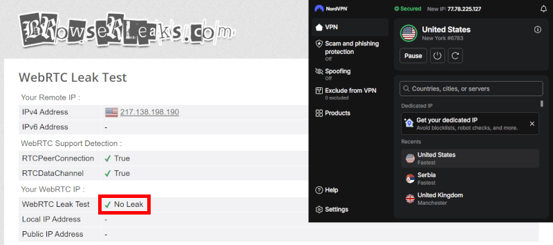 WebRTC test on Google Chrome while hooked to NordVPN server