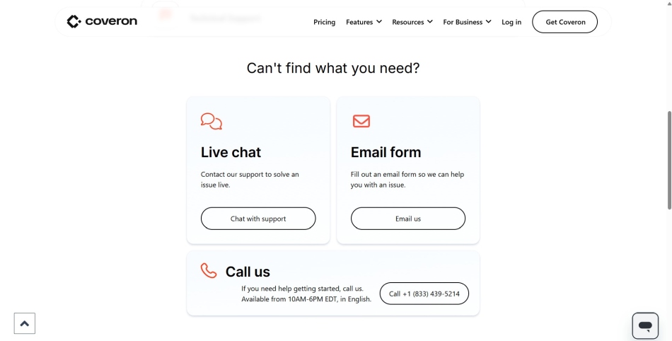 Screenshot of Coveron customer support options