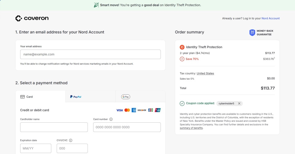 Screenshot of Coveron's payment screen