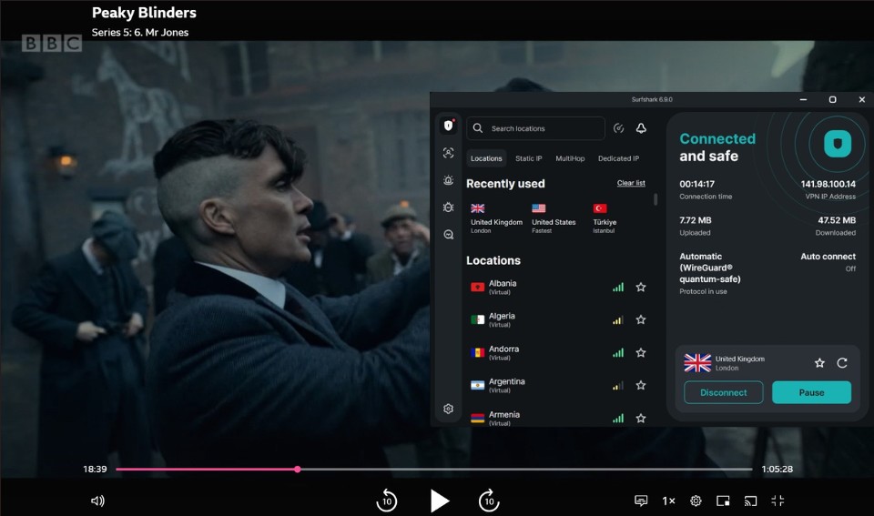 Screenshot of BBC iPlayer streaming Peaky Blinders with Surfshark connected to a UK server