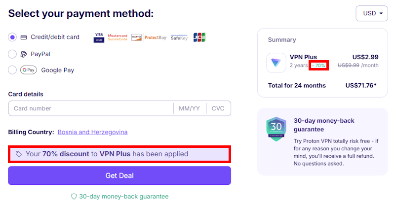 Proton VPN 70 off coupon applied 