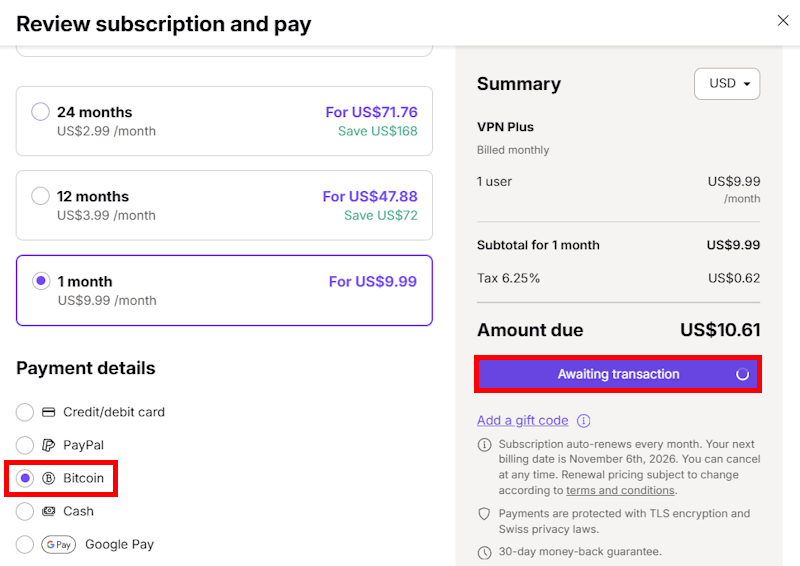 Proton VPN with Bitcoin option